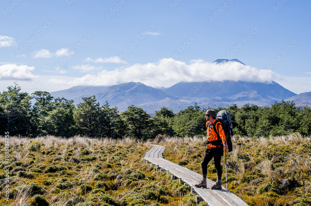 Naklejka premium hiker trekking in alpine area with mountain backdrop