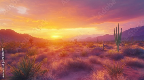 Desert Sunset Landscape with Cacti and Mountains - Vibrant desert sunset, cacti silhouettes, majestic mountains, warm colors, serene landscape.