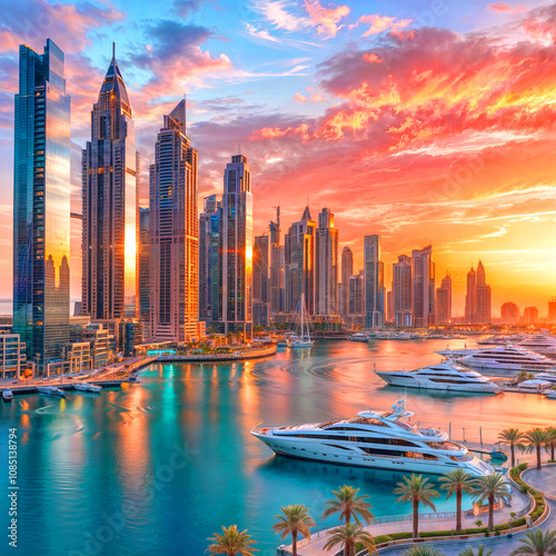 Beautiful, golden sunset view of the modern skyline at Dubai Marina skyline, United Arab Emirates
