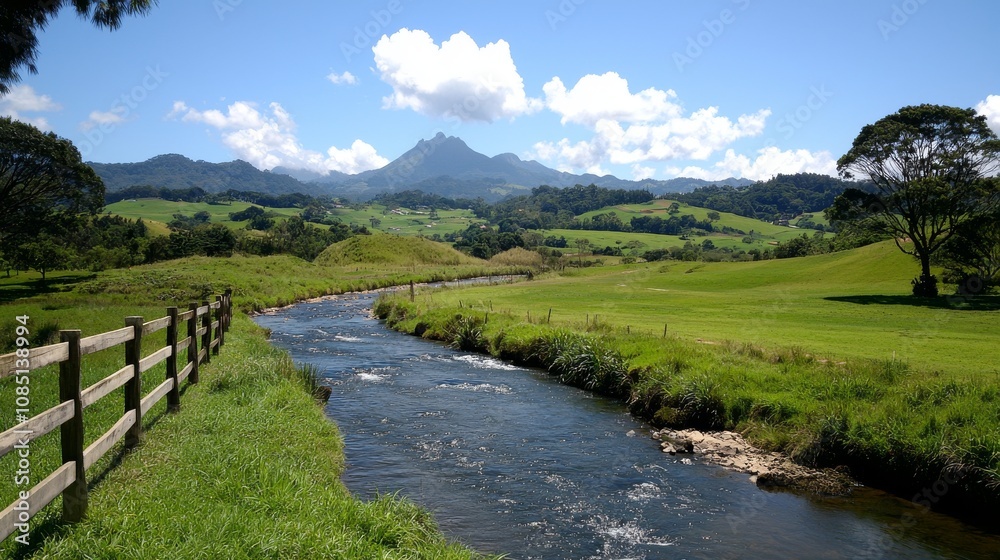 Fototapeta premium Flowing River Action Serene Valley Landscape Photography Lush Greens Wide Angle Tranquil Nature Scene