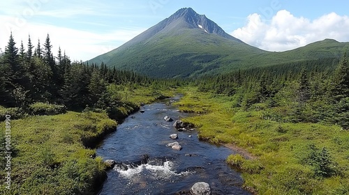 Flowing Stream Majestic Mountain Peak Nature Landscape Coniferous Forest Aerial View Serenity and Adventure photo