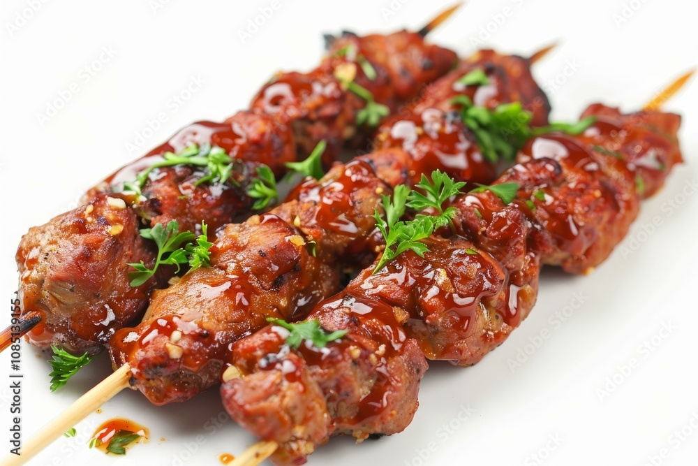 Delicious meat skewers being grilled and seasoned with sauce and herbs Delicious meat skewers being grilled and seasoned with sauce and herbs