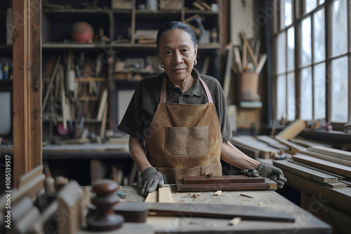 A transgender elder works diligently on restoring vintage furniture in a sunlit workshop, showcasing detailed woodworking skills with a prideful atmosphere