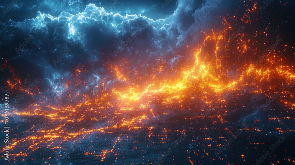 Fiery, icy clouds clashing over city. Fiery, icy clouds clashing over city.