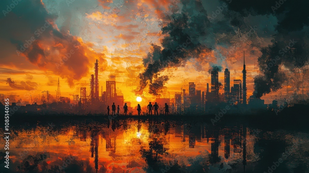 Sunset pollution scene urban landscape digital art dystopian view Sunset pollution scene urban landscape digital art dystopian view