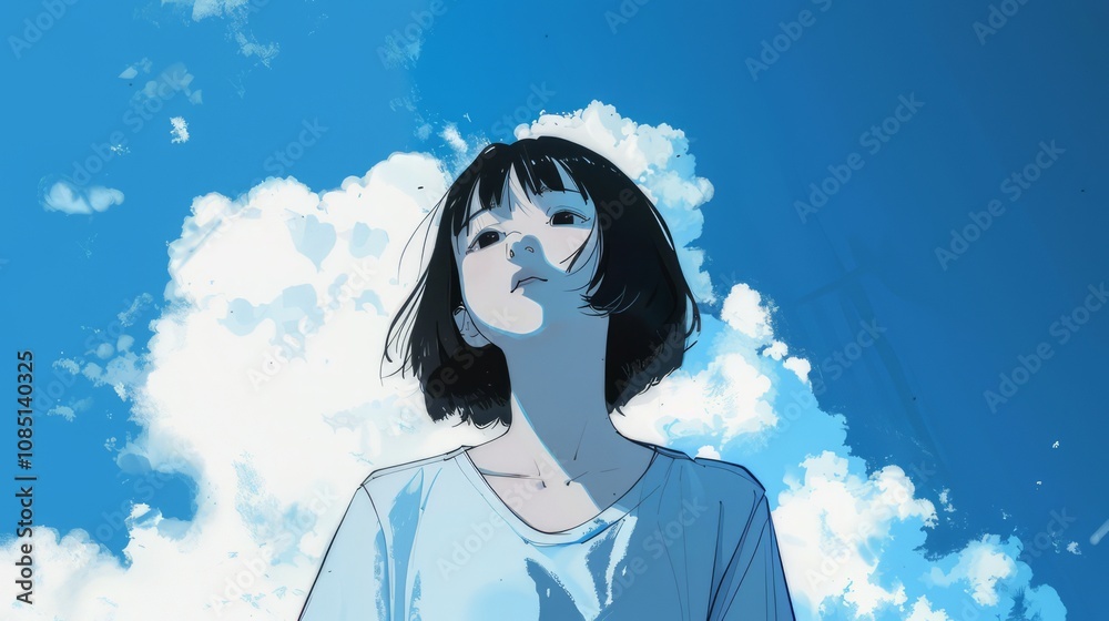 A young girl gazes dreamily at the fluffy white clouds drifting across a vibrant blue sky A young girl gazes dreamily at the fluffy white clouds drifting across a vibrant blue sky