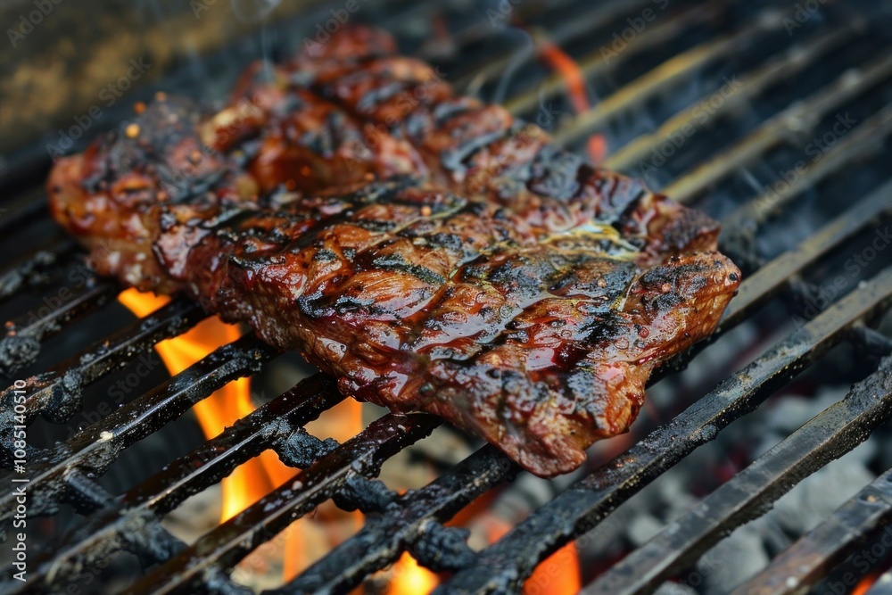 Two seasoned steaks grilling on a barbecue grill with flames below Two seasoned steaks grilling on a barbecue grill with flames below
