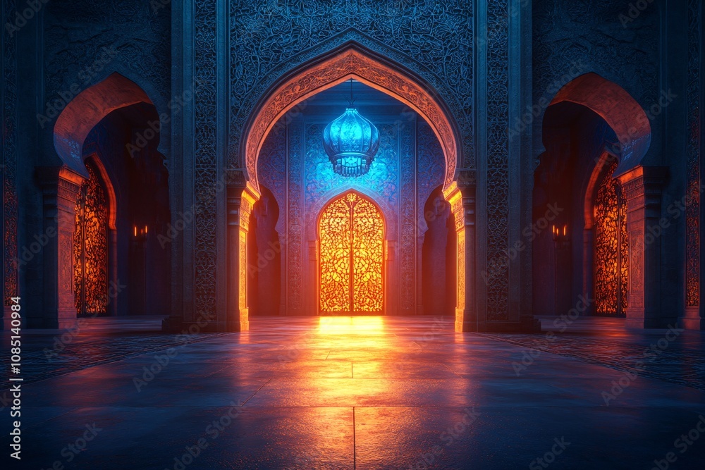 Arabic arch with backlighting, blue light rays shining through the doorway, with arabesque patterns on a dark background
Arabic arch with backlighting, blue light rays shining through the doorway, with arabesque patterns on a dark background