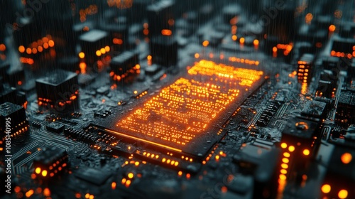 Glowing CPU on Circuit Board.