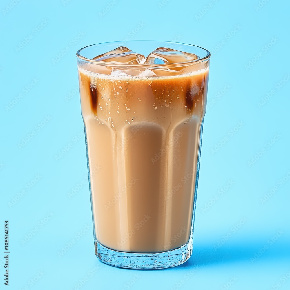 A refreshing glass of iced coffee sits against a bright blue background, showcasing its creamy texture and ice cubes. A refreshing glass of iced coffee sits against a bright blue background, showcasing its creamy texture and ice cubes.