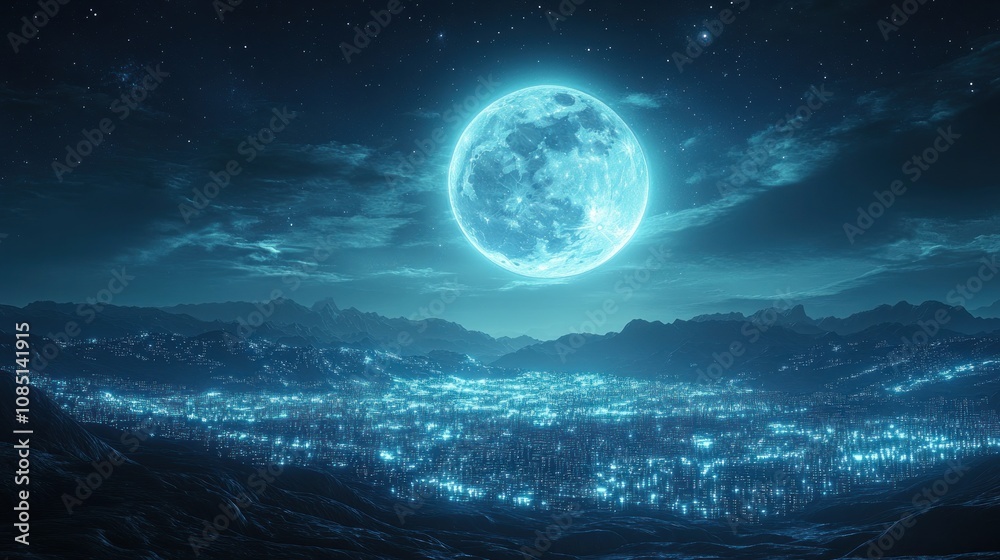 Fototapeta premium Full moon over city at night.