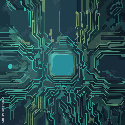 Glowing Blue CPU Chip on Circuit Board Technology Illustration