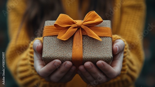 Two hands gently hold a beautifully wrapped gift box adorned with a bright ribbon, symbolizing the joy of giving and celebration,