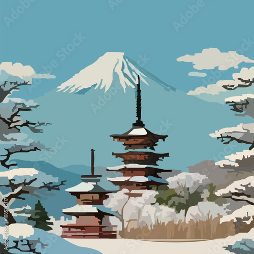 Japanese Five-Story Pagoda and Mount Fuji in Winter Snow Illustration