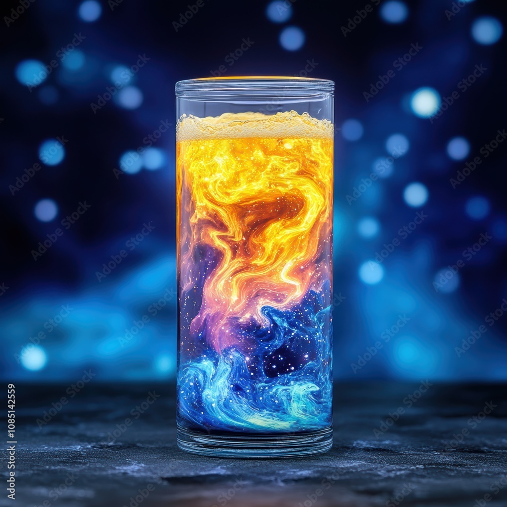 A vibrant glass of swirling orange and blue liquid against a cosmic backdrop, resembling a galaxy in a drink. A vibrant glass of swirling orange and blue liquid against a cosmic backdrop, resembling a galaxy in a drink.