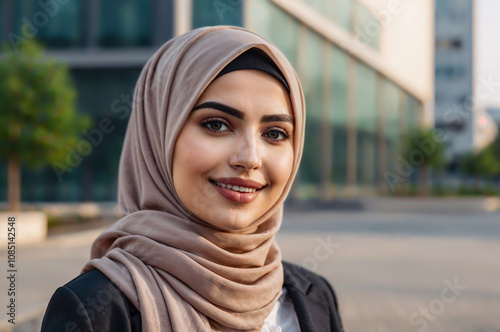 Professional Muslim Woman in Hijab with Urban Background