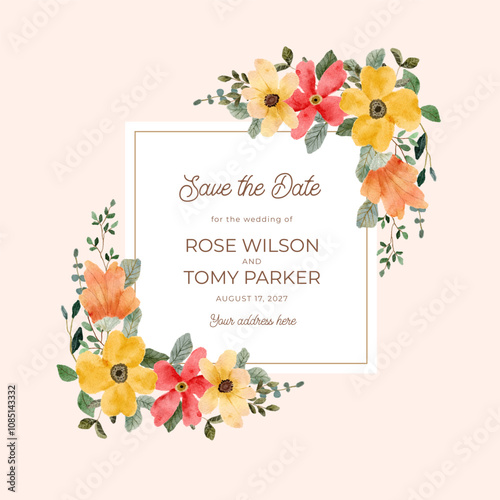 save the date card frame yellow orange floral watercolor