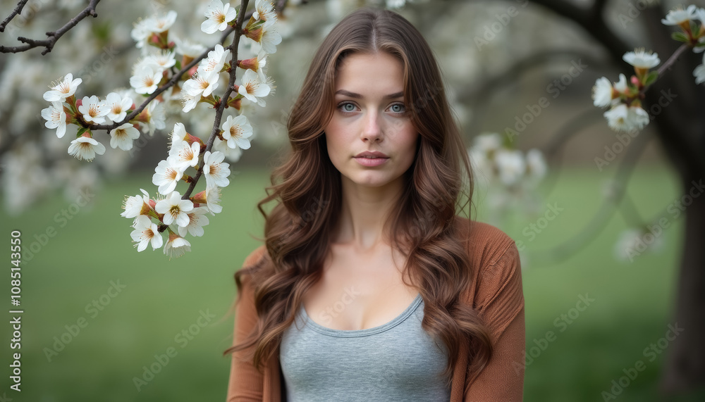 Female model in a field with blooming flowers Female model in a field with blooming flowers