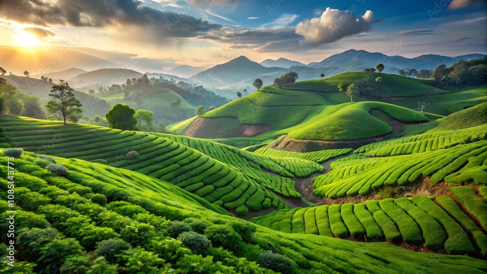 Obraz premium Scenic Tea Plantations on Rolling Green Hills at Sunset