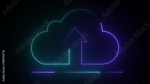 Glowing neon line Cloud file upload with loading bar icon animation on black background. Data storage icon concept.