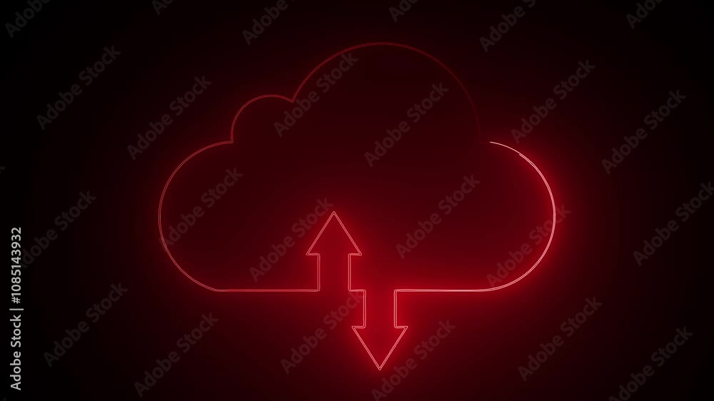 Glowing neon line Cloud file upload with loading bar icon animation on black background. Data storage icon concept.