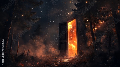 A door in the middle of a forest that opens to space