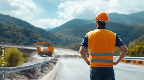 Construction worker overseeing road work project in mountainous area during daytime with heavy machinery in the background