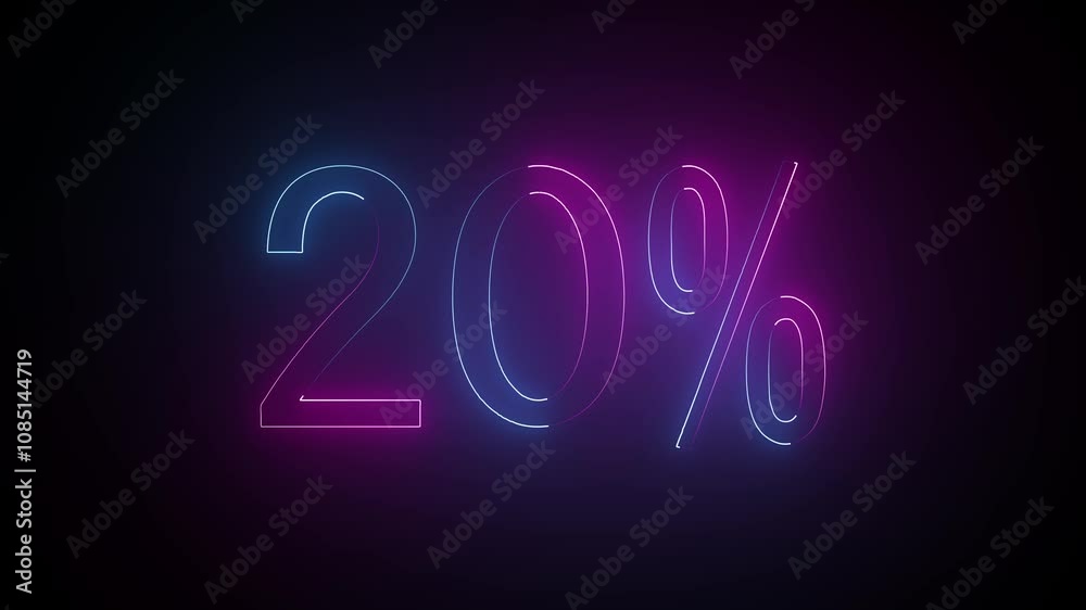 Glowing neon number 20% discount big offer sale business animation 4k video. 20 percent glowing neon sign black background. Glowing neon number 20% discount big offer sale business animation 4k video. 20 percent glowing neon sign black background.