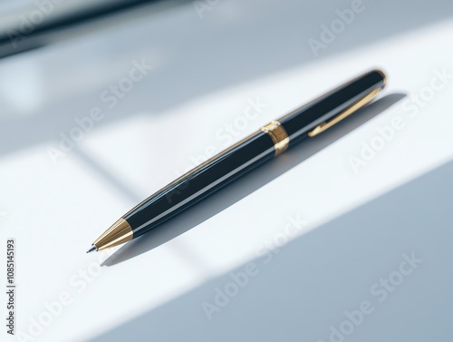 Elegantly Styled Black Ballpoint Pen with Gold Accents a Modern Desk Minimalist Office Setup Close-up for Professional Aesthetic