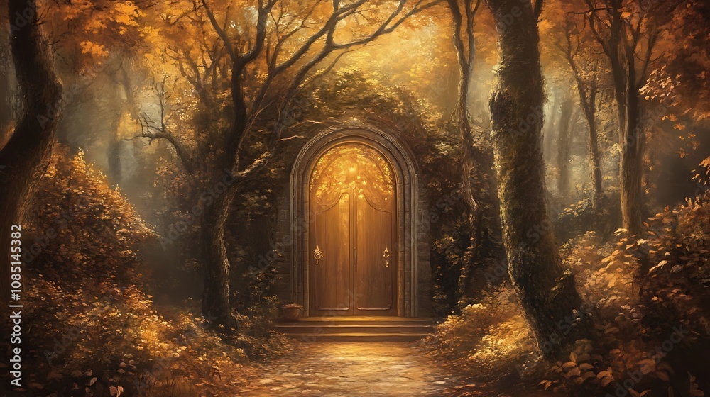 Obraz premium A door in the middle of a forest that opens to space