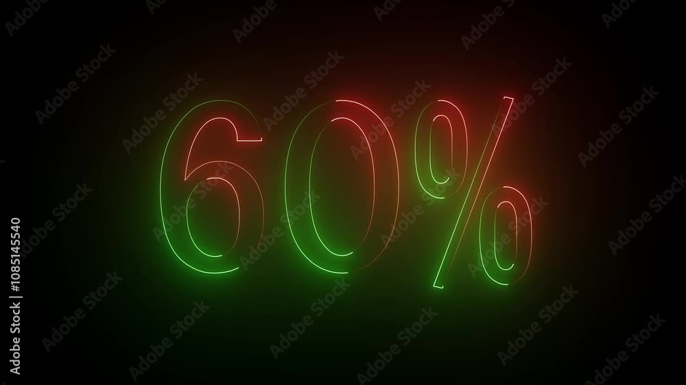 Glowing neon number 60% discount big offer sale business animation 4k video. 60 percent glowing neon sign black background. Glowing neon number 60% discount big offer sale business animation 4k video. 60 percent glowing neon sign black background.