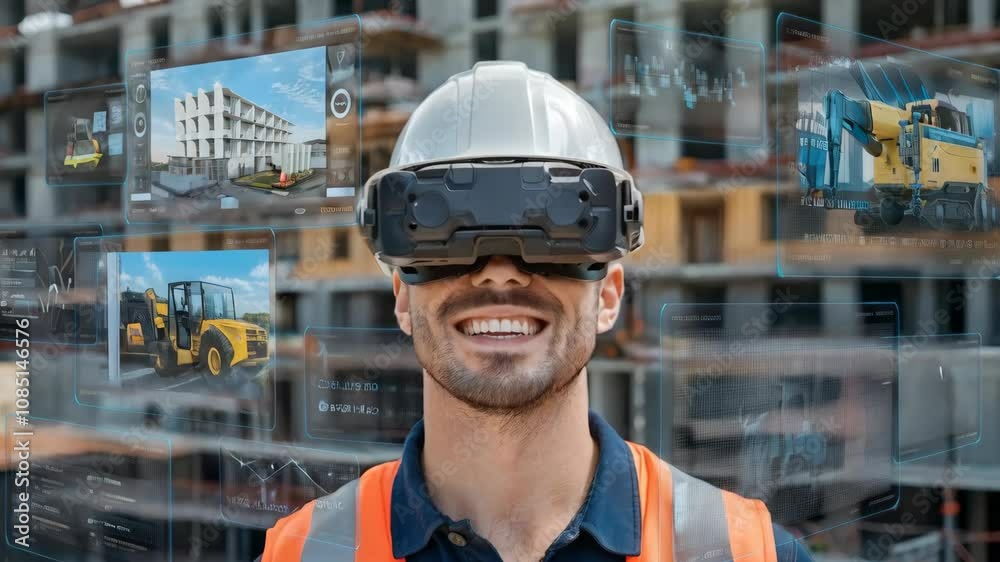 A construction worker using virtual reality technology on a building site.