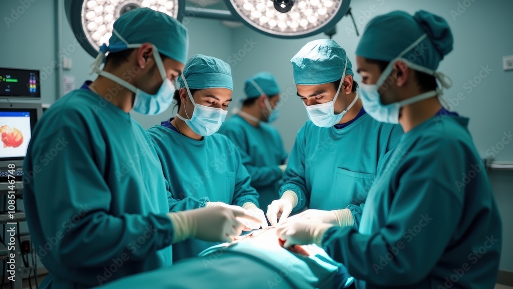 A team of four medical professionals is focused on a surgical procedure, skillfully working together in a bright operating room. Surgical tools and monitors are present A team of four medical professionals is focused on a surgical procedure, skillfully working together in a bright operating room. Surgical tools and monitors are present