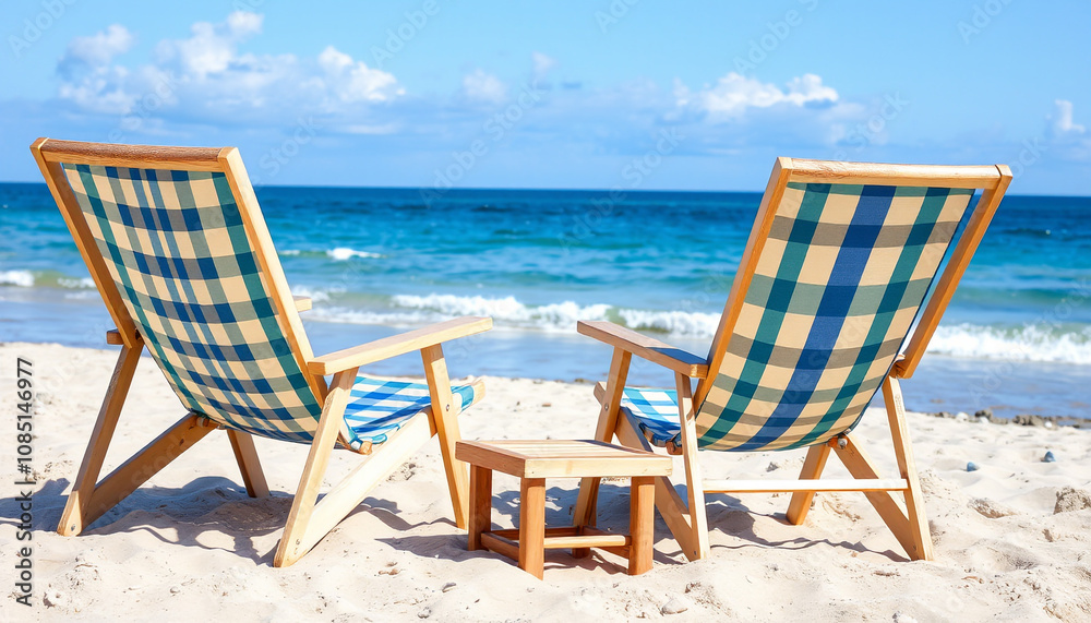 Wooden lounge chairs and umbrella on a tropical beach with clear blue water Wooden lounge chairs and umbrella on a tropical beach with clear blue water