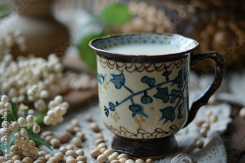 Rustic cup full of soy milk standing on a table with soybeans and white flowers photo