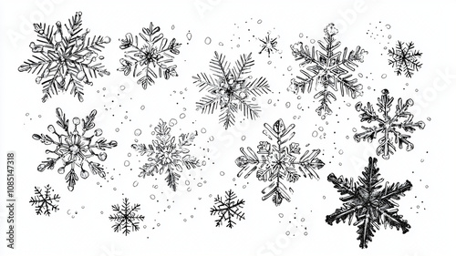 Delicate snowflakes falling gently create serene winter scene, showcasing intricate designs and patterns. Perfect for seasonal themes and holiday decorations