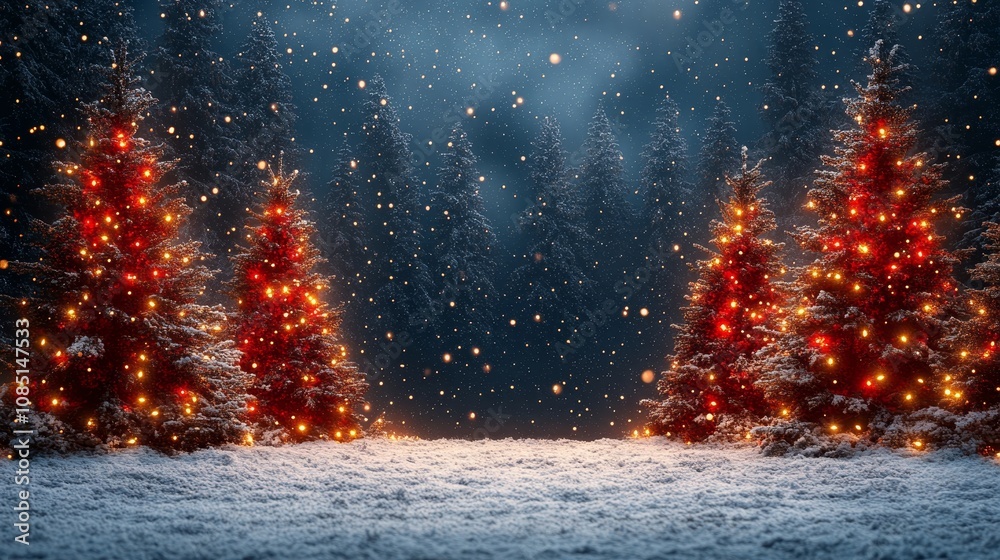 Naklejka premium Beautiful snowy landscape with illuminated trees during a winter night