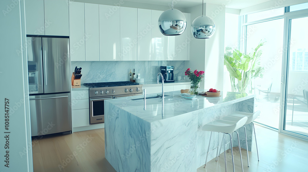 Modern Kitchen Island with Marble Countertop and White Stools - Interior Design Modern Kitchen Island with Marble Countertop and White Stools - Interior Design