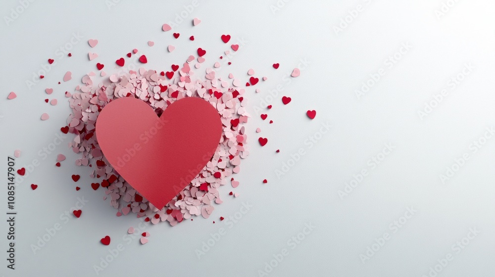 A vibrant red heart surrounded by scattered pink and red hearts on a soft, light background, symbolizing love and affection. A vibrant red heart surrounded by scattered pink and red hearts on a soft, light background, symbolizing love and affection.