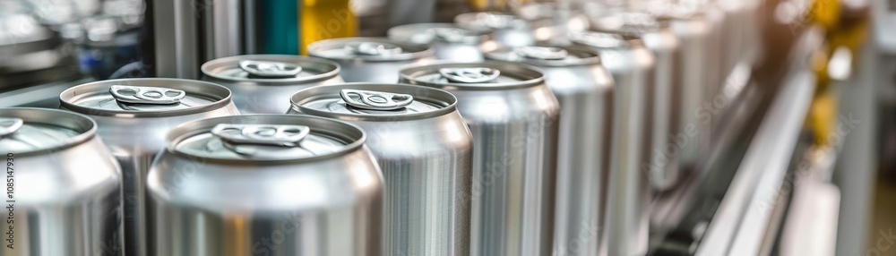 Aluminum cans on automated production line in beverage factory, industrial manufacturing process concept Aluminum cans on automated production line in beverage factory, industrial manufacturing process concept