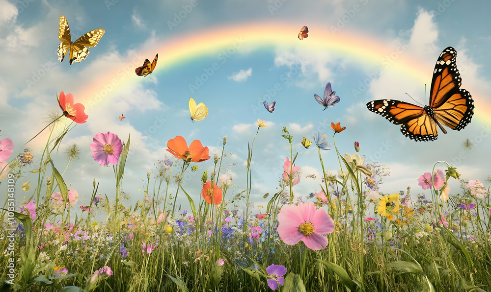 A vibrant scene of butterflies flying over a colorful flower field and a rainbow in the sky. A vibrant scene of butterflies flying over a colorful flower field and a rainbow in the sky.