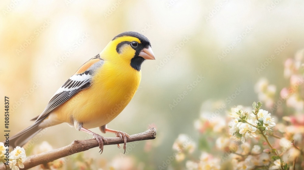 A bright yellow bird perched on a branch surrounded by delicate flowers during a sunny morning in springtime