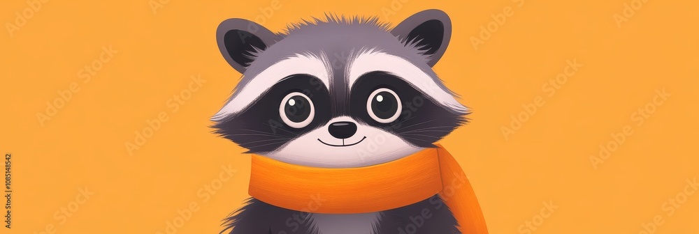 Obraz premium Adorable Raccoon in Orange Scarf - Cute cartoon raccoon wearing an orange scarf, happy, friendly, autumn, wildlife.