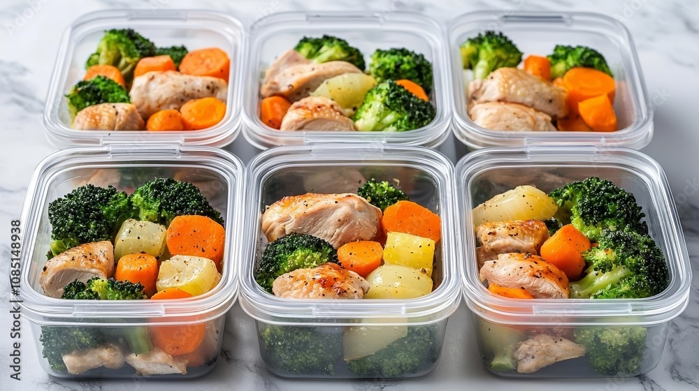 Stacked roasted chicken meal prep containers, healthy homemade dinners for freezer storage Stacked roasted chicken meal prep containers, healthy homemade dinners for freezer storage