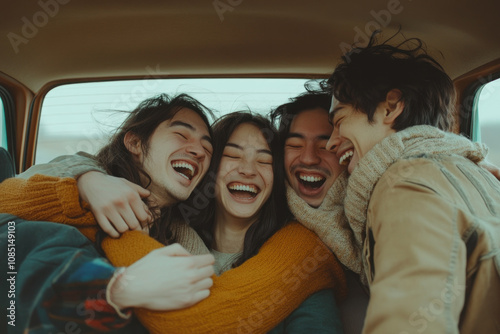 Three young people laughing in a car.