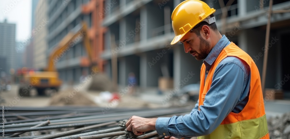 A construction worker wearing a hard hat and reflective vest is carefully inspecting steel rebar on a bustling city construction site. Heavy machinery is in the background