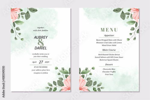 wedding invitation card pink green floral watercolor frame
