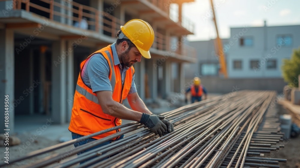 A construction worker in a hard hat and safety vest is carefully organizing steel rebar on a construction site during the late afternoon, surrounded by colleagues working on a building project A construction worker in a hard hat and safety vest is carefully organizing steel rebar on a construction site during the late afternoon, surrounded by colleagues working on a building project