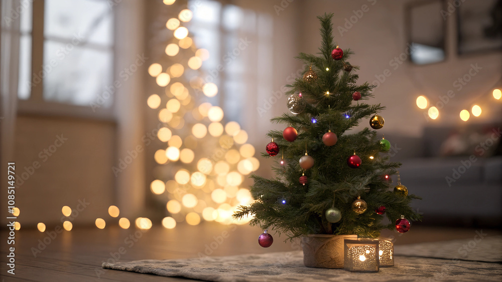 3d illustration of small mini christmas tree with bokeh light in room 3d illustration of small mini christmas tree with bokeh light in room