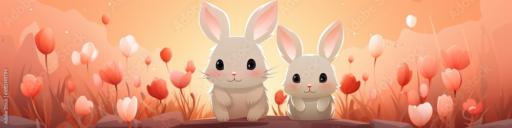 Two adorable white bunnies sit in a field of pink flowers, enjoying the warm sunset.